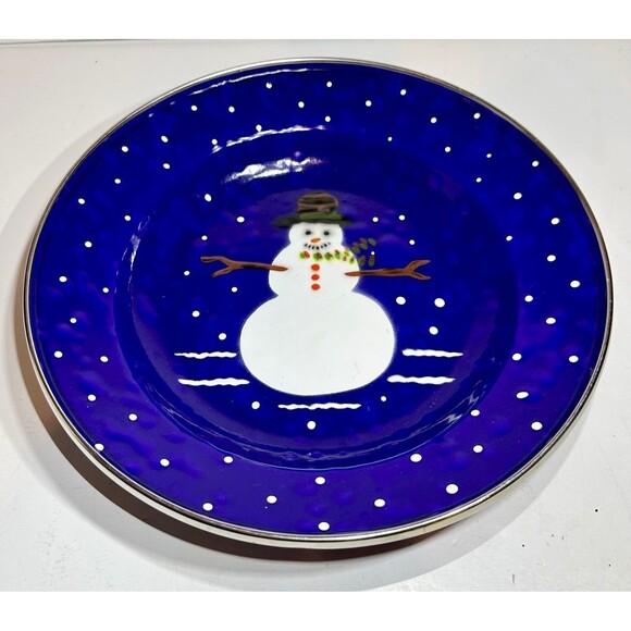 The Golden Rabbit II Blue Enamel Snowman Bowl Winter Denise S Harvey Christmas - Picture 1 of 7